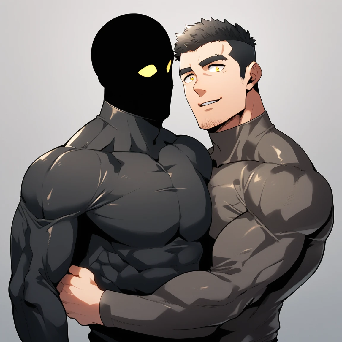 anime characters：Two superheroes in tights, Muscle Sports Student and Muscle No Face skinhead superhero, No Face，negro black skin, They hugged and kissed each other, Bite your neck, Caress, Manliness, male focus, Yellow and black high collar long sleeve tight T-shirt, Slightly transparent material, Very tight, Round, full and perky chest muscles, Muscle waist, Slightly transparent, muscular male, muscular, only, Upper body, alone, Black short hair, Thick eyebrows, stubble, Yellow eyes, Grey background, simple background, amazing quality, best aesthetics, Ridiculous, bright pupils, crew cut, parted lips, seductive smile, torogao, naughty face, drop shadow, best quality