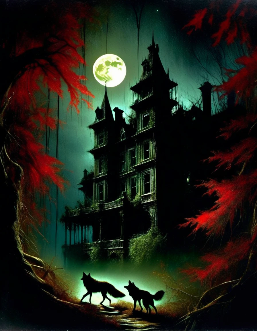 a decaying abandoned mansion in a lush overgrown forest, full moon glowing red in a dark night sky, shadowy wolf silhouettes prowling through the scene, twinkling stars, (best quality, 4k, 8k, highres, masterpiece:1.2), ultra-detailed,(realistic, photorealistic, photo-realistic:1.37), oil painting, intricate brushstrokes, dramatic lighting, dark moody atmosphere, chiaroscuro, Dave mcKean inspired art