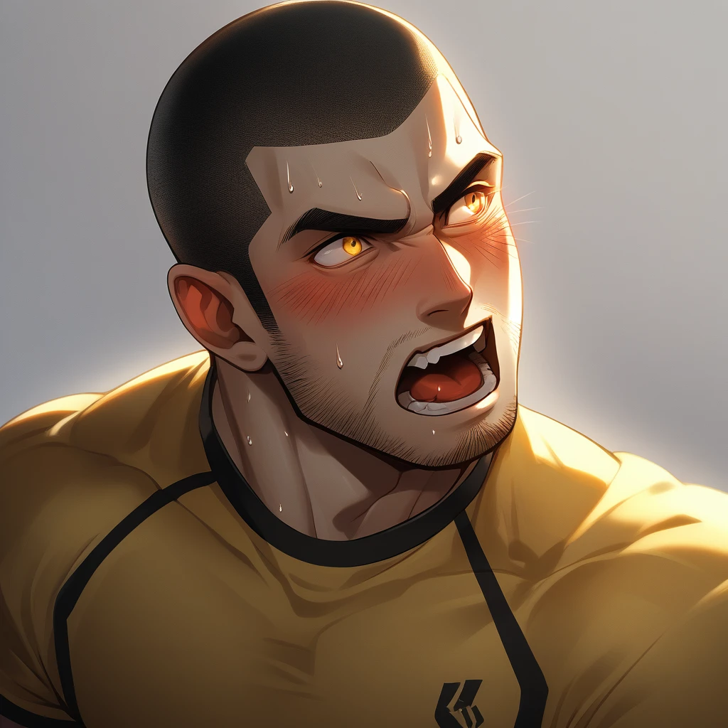 1muscular sportsman, Athlete,male focus, Buzz Cut, Yellow and black tight T-shirt, one ,Very tight, muscular male, muscular, only, Upper body, alone, look to the side, short hair, stubble, sweat, black hair, Yellow eyes, open lips, White background, simple background, amazing quality, best aesthetics, Ridiculous, crew cut, moaning, blush, clair obscur, cinematic lighting, best quality, textured skin
