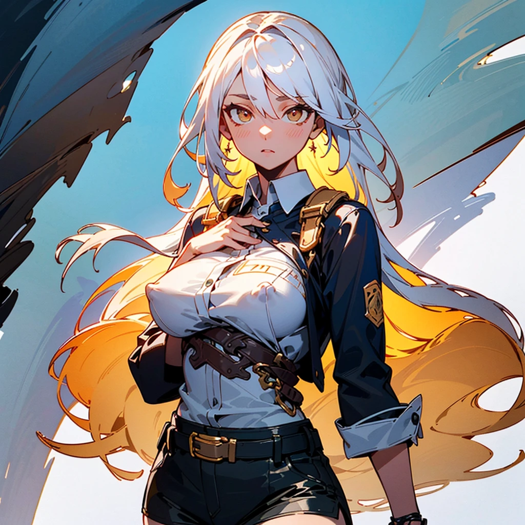 intricate detailes, White background, Transparent body, Visible veins, wires, Highly detailed, Head, Upper body, Breathtaking, 8k_wallpaper, extremely detailed eyes, extremely detailed body, (large masterpiece digital art), (detailed manga illustration), (detailed line art), ((perfect anatomy)), (intricate details:1.3), (ultra-detailed:1.3), (illustration:1.3), (sharp focus:1.3), (natural lighting:1.05), (vivid colors:1.3), (masterpiece), (best quality:1.4), (perfect anatomy:1.4), high quality, expressive eyes, full body, tall girl, detailed face, beautiful face, perfect face, detailed ((white hair)) a young Korean woman, (with golden eyes), ((sandy lush hair)), {{tanned dark bronze skin}}, a huge chest, dressed in a black short warm jacket with rolled up sleeves, a transparent unbuttoned shirt, large nipples sticking out under the fabric, a wide leather belt with gold yarn, leather shorts through which they stand out outline of a pussy, walking through the forest, trees with blue foliage and white flowers,