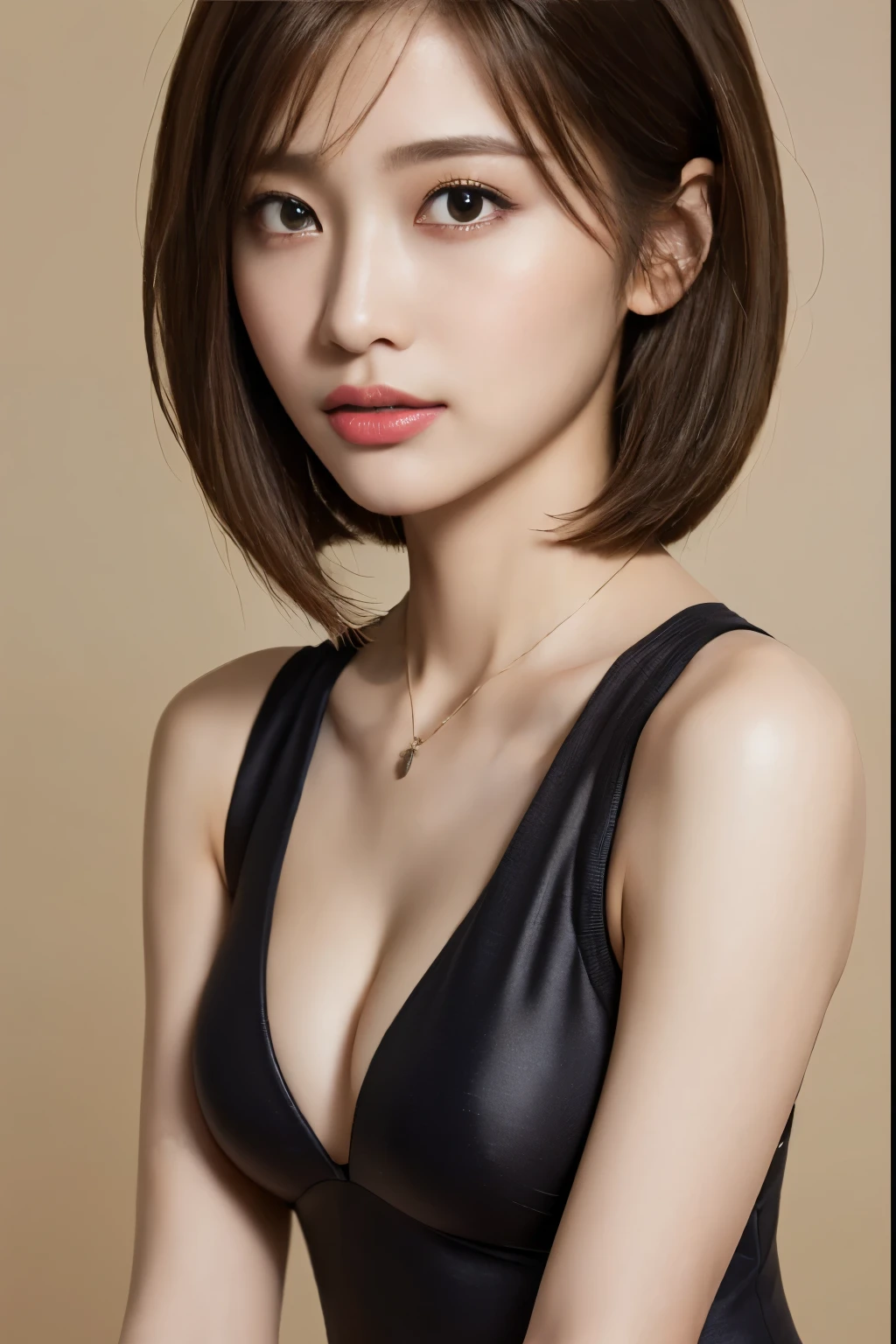 ((Highest quality、8K、masterpiece: 1.Perfect Body Beauty: 1.4、Slim Abs: 1.2、Beautiful woman with slim abs:1.3、(Highlight Haircut East B Cup:1.2), Mid-chest, Round shaped breasts, Perfectly shaped breasts, ((Racing Suits))  ),  necklace, Ultra detailed face、18-year-old、 Beautiful woman、(Dark brown shortcuts), Slim face、Highly detailed face and skin texture、Highly detailed lips、Spread your legs、Highest quality、masterpiece、Ultra-high resolution、(Photorealistic:1.4), I walked with confidence, Long Shot , Studio Background