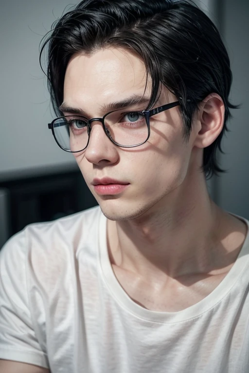 Create a 24 year old man with black hair, gray eyes, white tea, with glasses, marked jaw and upturned nose. Make it a little muscular, wear a black t-shirt, who has a tattoo of a small star on the side of his neck, that he is tall and that he has a slight resemblance to Bill Skarsgård.