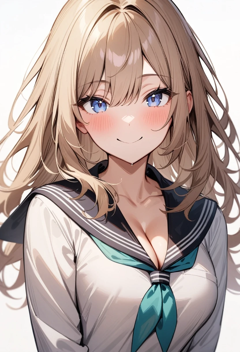 masterpiece, best quality, very aesthetic, absurdres, 1girl, looking at viewer, upper body, medium breasts, cleavage, serafuku, smile, simple background