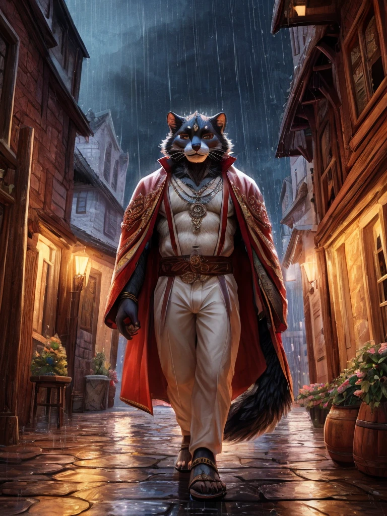 Anthro, white mein coon cat, full body, male, adult, hand paws, long fluffy tail, strong, light robe, light pants, flip flop, fancy modern japenese clothing, ornate clothing, necklace with pendant, abdomen on display, innocent look, warm expression, hairy body, 8K, dynamic lighting, ultra detailed, masterpiece, street of a medieval town, raining