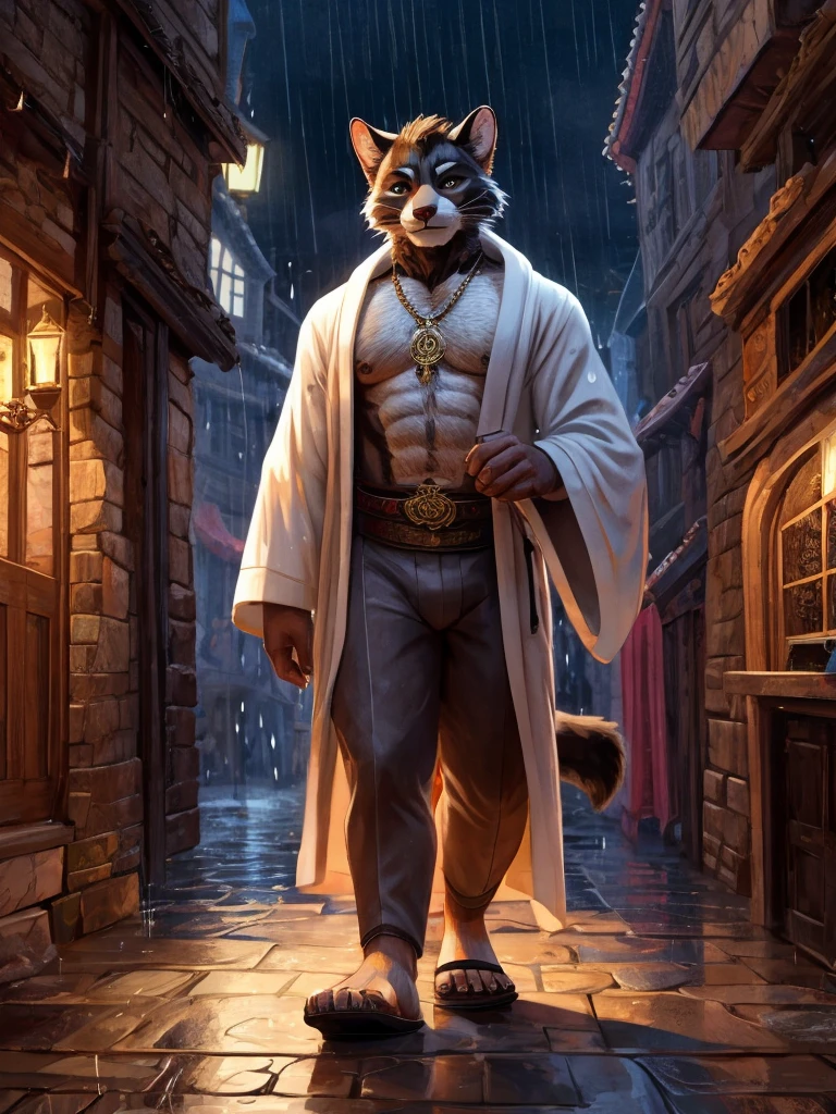Anthro, white mein coon cat, full body, male, adult, hand paws, long fluffy tail, strong, light robe, light pants, flip flop, fancy modern japenese clothing, ornate clothing, necklace with pendant, abdomen on display, innocent look, warm expression, hairy body, 8K, dynamic lighting, ultra detailed, masterpiece, street of a medieval town, raining