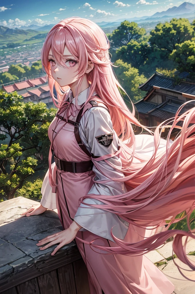 (The anime "Shingeki no Kyojin"), (Uniforms for the elderly), (Long pastel pink hair), (Pastel pink eyes), (On top of a tree on a mountain)