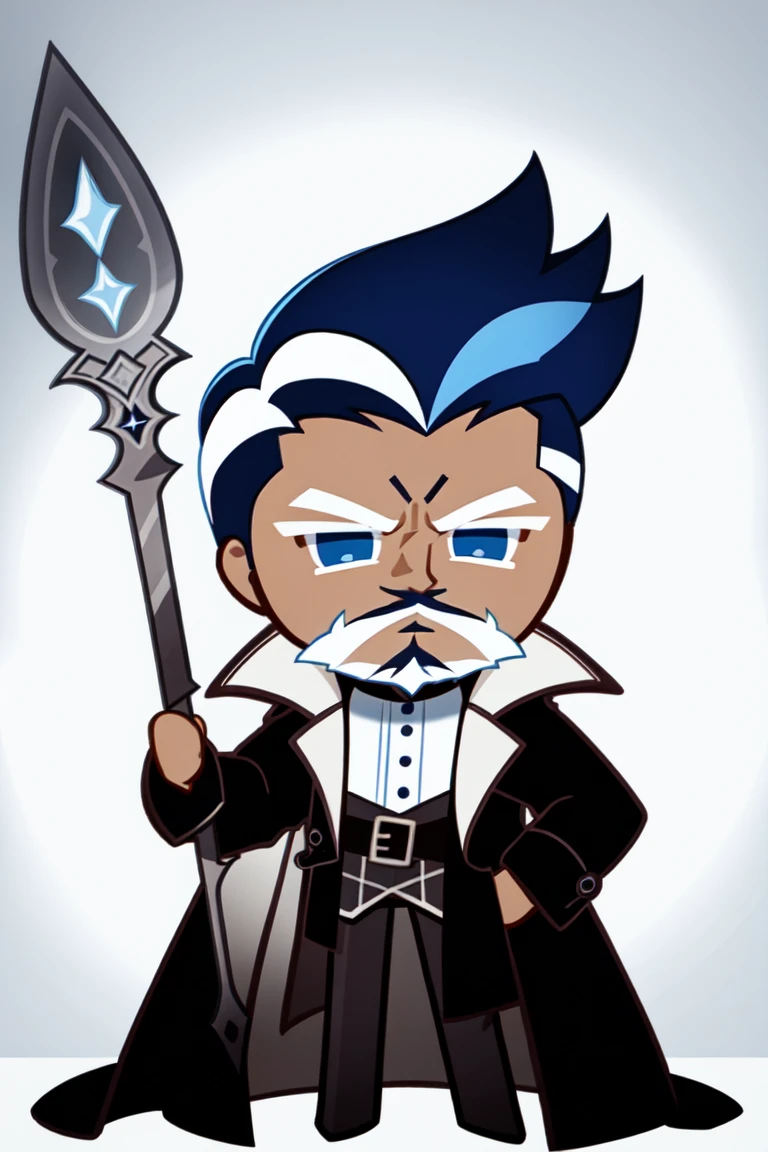 best quality, illustration, 1boy, ethereal, powerful, god-like, soul patch beard, short blue hair, blue eye, white streaks on hair, black trench coat, battleaxe, white background, simple background, cookierun, solo, chibi, full body, 