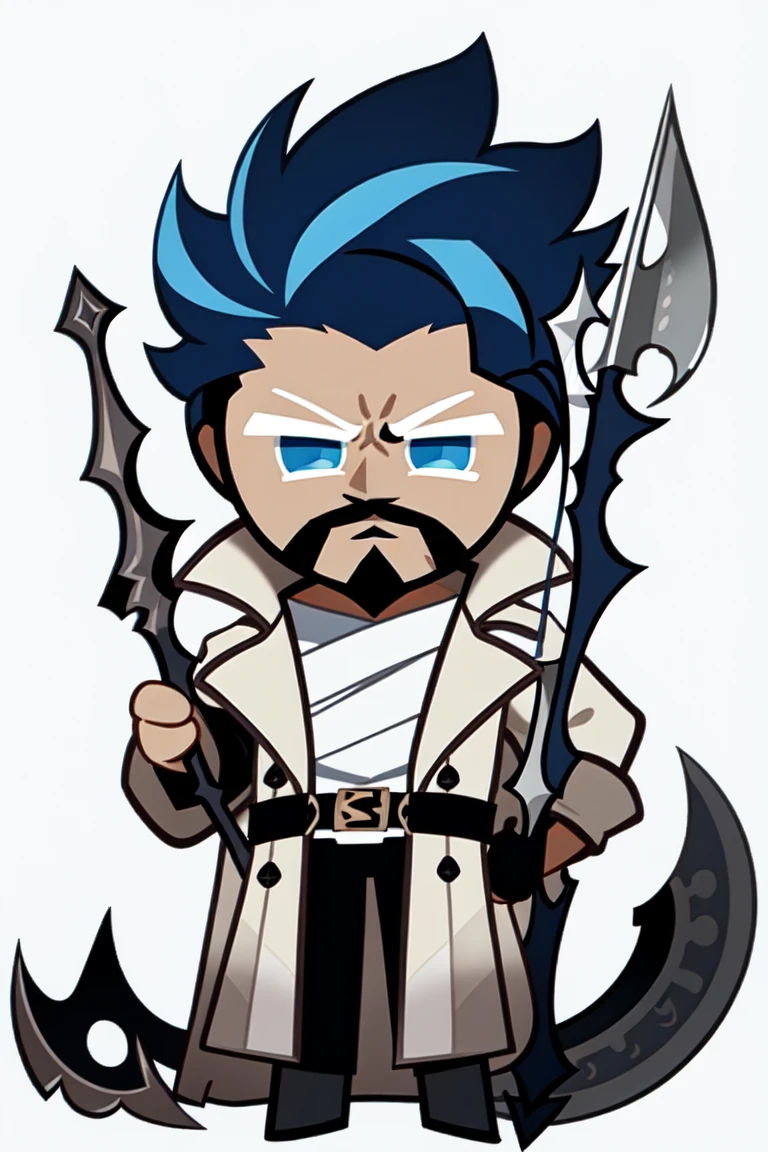 best quality, illustration, 1boy, ethereal, powerful, god-like, soul patch beard, short blue hair, blue eye, white streaks on hair, black trench coat, battleaxe, white background, simple background, cookierun, solo, chibi, full body, 