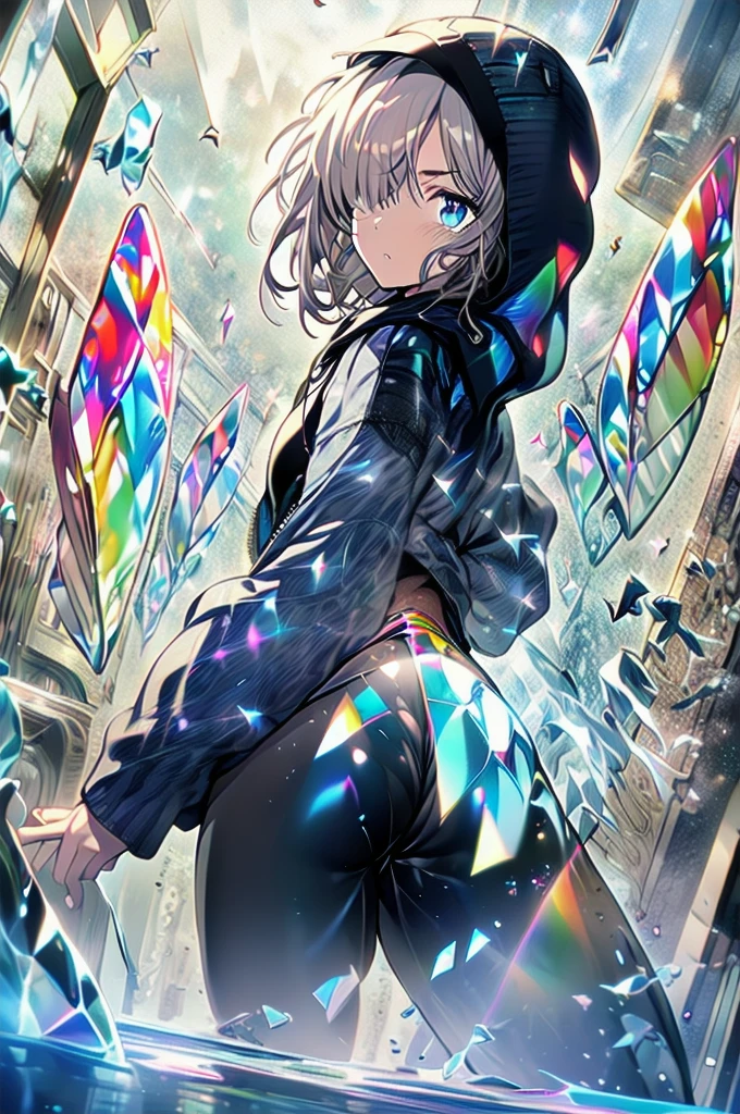 4k,Absurdres,Best quality,Masterpiece,Detailed illustration,Destructive art,Opulent,Insanely detailed,Ultra-highres,Ultra-detailed,Ultra detailed eyes,Ray Tracing,Illustrated,Reflected Light,(Dynamic angle:1.5),(Prism:1.5),1girl,Solo,(Big hood:1.5),(Hood up:1.5),(Hooded:1.5),(Dark blue jacket:1.5),(Black shirt:1.5),(Black leggings:1.5),(Blue eyes:1.5),(Gauze on face:1.5),(Long sideburns:1.5),(Medium hair:1.5),(Gray hair:1.5),(Hair over one eye:1.5),(Beautiful ass:1.5),(Breaking glass background:1.5),(Dark theme:1.5),(Looking at viewer:1.5),(Backlight:1.5),(Anime wallpaper:1.5),(Fullbody:1.5)
