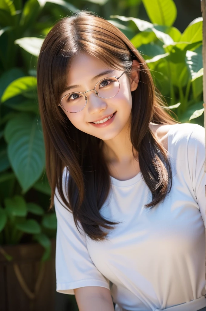 masterpiece, best quality, High school student,15 years old,Round glasses,youth,Light shirt,Thin stature,White background,happy,Smile,Smile,Hair accessories,Light,Sunlight,Lighting,Light and Shadow,(Extremely detailed CG unity 8k wallpaper), (best quality), (Best Illustration Award), (The best shadow), absurd, Realistic lighting, (abyss), Beautiful and delicate light, Leng Jun