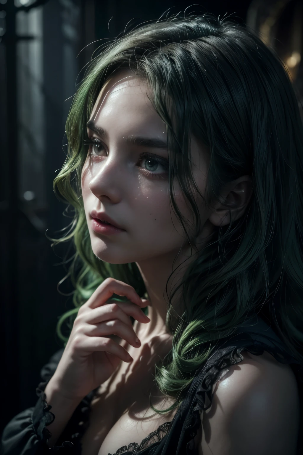 a young girl with curly green hair, witch costume, detailed face, detailed eyes, detailed lips, detailed hands, fantasy, magical, dark, moody, dramatic lighting, dramatic shadows, mystical, enchanting, ethereal, surreal, (best quality,4k,8k,highres,masterpiece:1.2),ultra-detailed,(realistic,photorealistic,photo-realistic:1.37),cinematic,dramatic composition,dramatic colors,dramatic atmosphere,dark fantasy,dark magic,whimsical,whimsical magic,whimsical fantasy