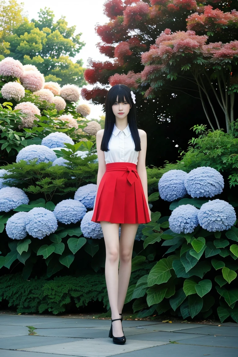 best quality, tmasterpiece,Ultra-high resolution,Clear face,(Reality:1.4),ferpect lighting,(full body photo), (photorealistic:1.50), anime wallpaper, Guviz style artwork, cover-up fantasy up to magic , by Yang J, Guviz, beautiful artwork illustration, beautiful digital artwork, beautiful digital illustration, Li Song, beautiful anime portrait, art style in Beauvot, 1girl, 独奏, red eyes, hair flower, , serafuku, hydrangea, Garden, looking at viwer,
