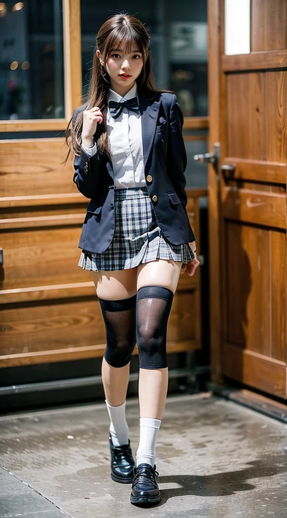 LAHO Beauty。Very sexy、Office lady with strong sexual desires。24-year-old office lady、The beauty of a suit、A cool beauty with big breasts that make her undershirt bulge、career woman、Japanese Beauty、The button on my chest is about to come off、ulzzang-6500-v1.1、(RAW Photos:1.2)、(Photorealistic)、(Genuine:1.4)、(Peace Fly)、A calm-looking woman wearing a checked vest、Large Bust Body Type。Mini skirt with exposed thighs、The legs are plump。(Ultra-realistic black Nike logo socks:Panty visible pose、There are stains on the panties:1.2)。Japanese Goddess、Wearing black high heelsてる、Sexy gaze with black socks、((Full Body Shot:1.16))、Highlighted with knee-length socks featuring the Nike logo。Nike logo on socks。Wearing black high heels