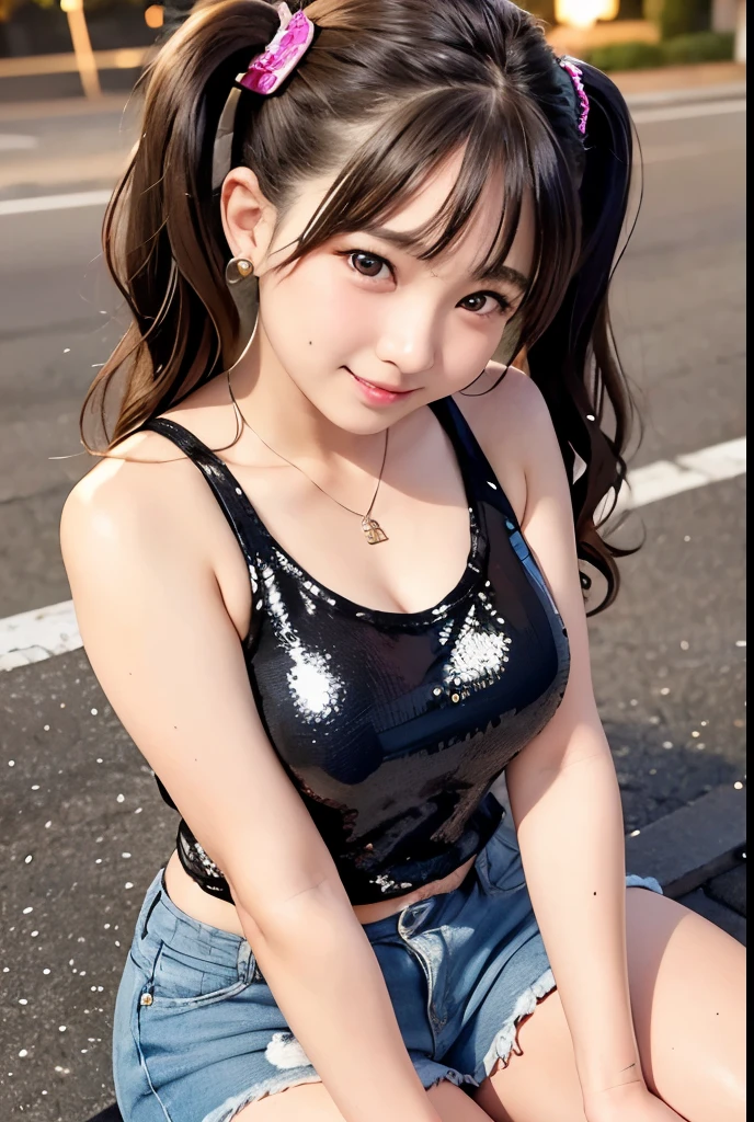 (Highest quality,masterpiece:1.3,Ultra-high resolution),(Very detailedな、Caustics) (Photorealistic:1.4, RAW shooting、)Ultra-Realistic Capture、Very detailed、Natural skin texture、masterpiece、(Sequin tank top and short denim pants:1.3)、1 Japanese girl、Adorable expression、Expressions of Happiness、************、Young Face、Surprisingly cute、Twin tails、Curly Hair、Black Hair、Scrunchie、Earrings、necklace、light makeup、A big bust that seems to burst、This photo was taken on a busy street at night..、Shining thighs、Sit on a bench on the sidewalk、Shooting from the side、smile、An inviting gaze、