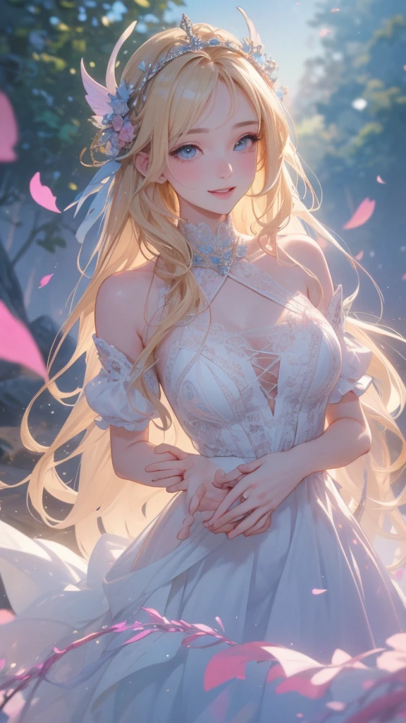work of art, epic details, ultra detaild, best resolution, blonde, Braided hair, ( Beautiful nymph ), beautiful and robust wreath of blue and pink leaves and flowers, { olhos ultra detailds }, (( rosto angelical )), sculptural body, ( long queen dress ), (( perfect hands )), ((expression of happiness)), (Grinning), great smile, Simple smile, TREES,
medieval scenery, medieval tavern, beautiful hairstyle, long hair, gazing at viewer,
