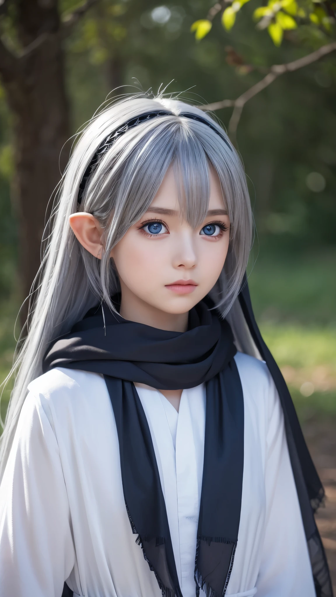 Highest quality, (Wide Shot), CGS Association, 8K, Ultra-realistic, masterpiece, Dark Elf Child, Gray Hair, blue eyes, White clothes, Black scarf, look up, Upper Body, hair, Dark Skin, Straight and loose hair