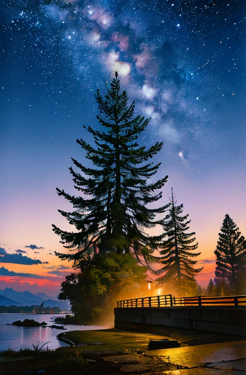 masterpiece,Highest quality,In 8K,(Photorealistic: 1.4),(Depth of written boundary:1.2),Ultra-detailed,High resolution,null, star (null), scenery, starry null, night, milky way, night null,  Outdoor, building, cloud, Taiwan,Ghibli Tree,  silhouette, Cityscape
