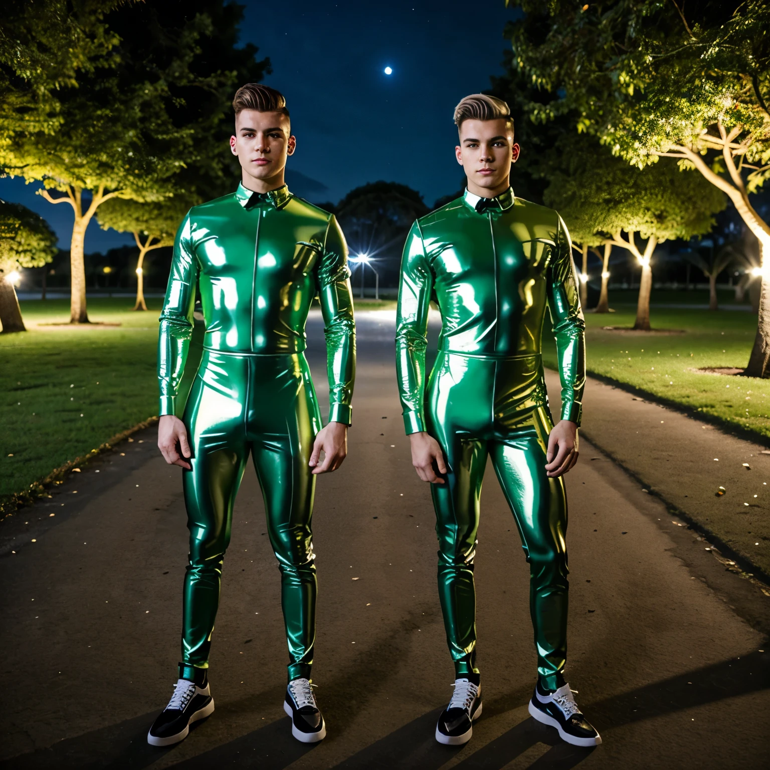 full view full body, two handsome white european gay teen guys in couple, with undercut clean haircuts, in tight metallic green latex, in a deserted luxurious park at night