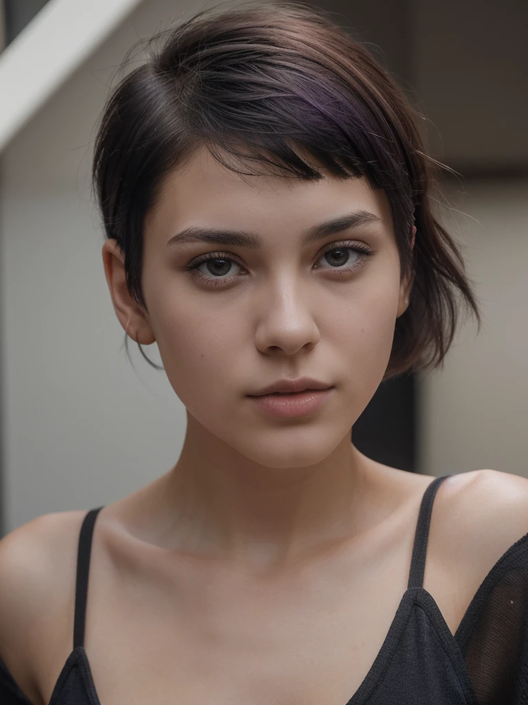 8k, RAW photo, best quality, ultra high resolution, photorealistic, 18 year old slim girl with black purple short undercut haircut