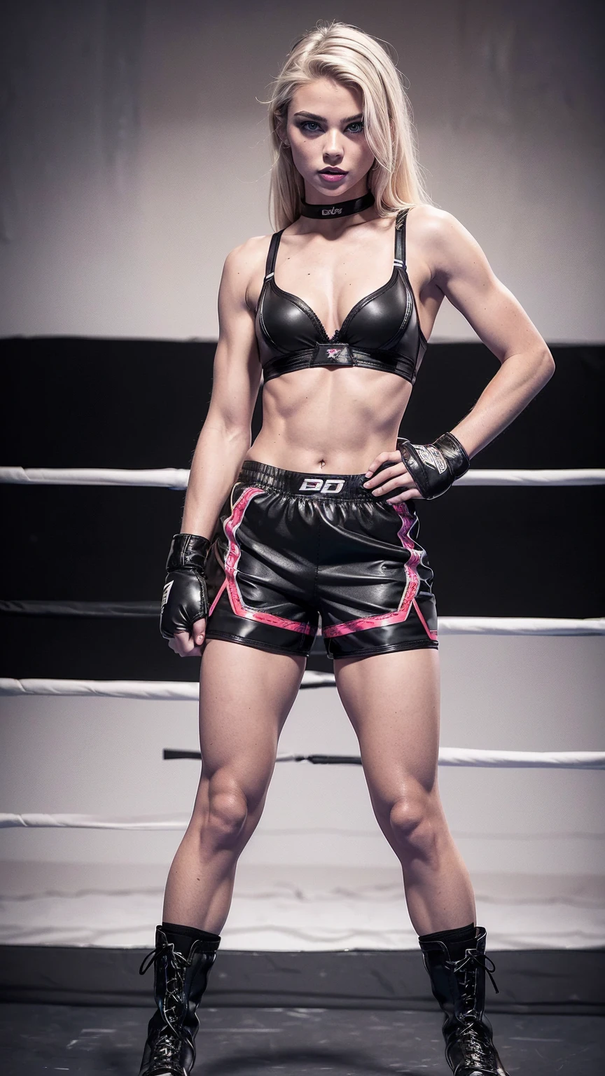 Attractive young blonde American bimbo, 16 years old, (young cute sexy face), ((black boxing shorts:1.5)), ((sexy black boxing shorts:1.3)), ((tiny bra:1.3)), ((black boxing boots:1.3)), blue eyes, straight blonde hair, muscular arms, toned body, boxing gloves, (lipstick, heavy makeup:1.3), ((black boxing shorts:1.3)), barbie, slutty makeup, perky breasts, small firm breasts, intimidating pose in a boxing ring, ((full body portrait:1.3)),
