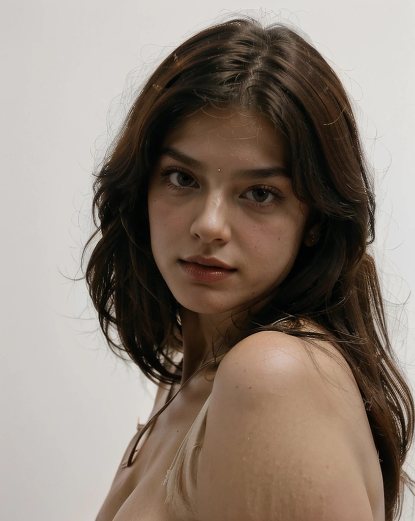 shirtless kim kadarshian no make up, slick straight hair, bare face, thick and big booty, close up shoot, 35mm photography, low light shot, white ambient, all white background