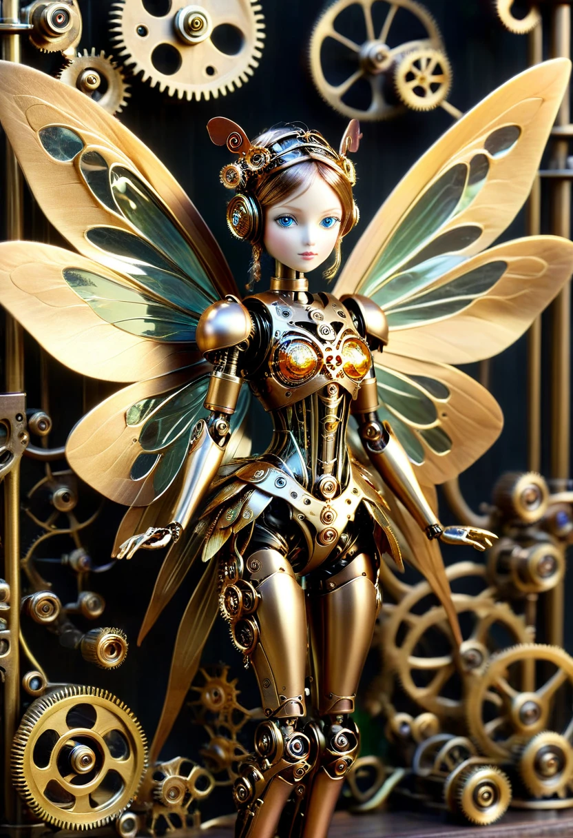 A robotic clockwork fairy. All bronze, gears, crAFTSMAN STYLE. GLASS WINGS