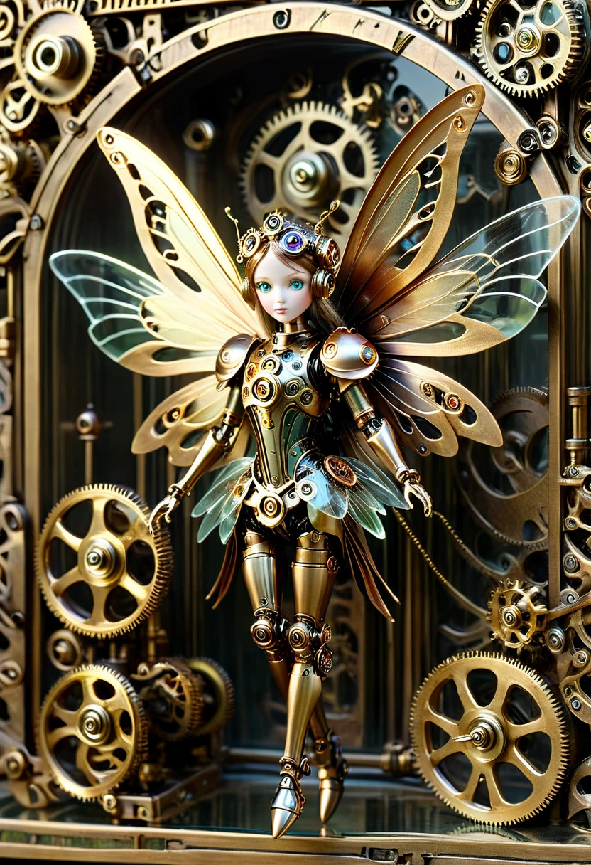 A robotic clockwork fairy. All bronze, gears, crAFTSMAN STYLE. GLASS WINGS