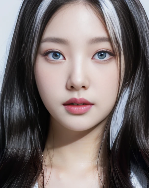 A close-up of a woman with long hair with deep blue eyes, black and white hair, pale porcelain white skin, white skin and reflective eyes., pale milky white porcelain skin, South Korean popular makeup, skin with porcelain reflections, shiny porcelain skin, porcelain white skin, shiny skin, Face up, Popular Korean makeup, pointed face and gray eyes, beautiful pale makeup, beautiful realistic face