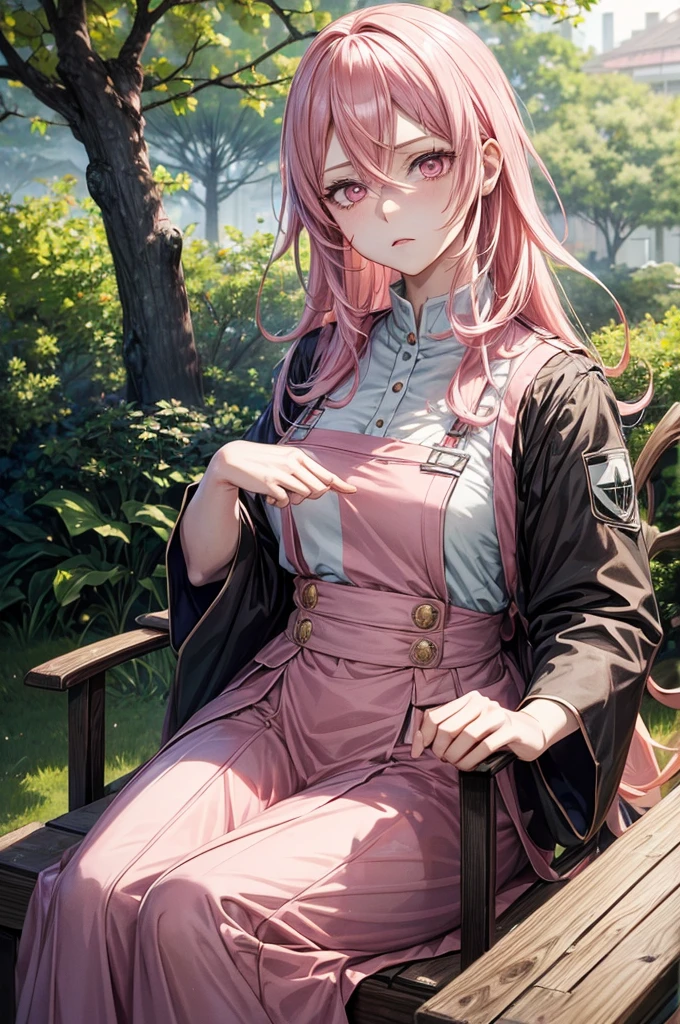 (The anime &quot;Shingeki no Kyojin&quot;), (Uniforms for the elderly), (Long pastel pink hair), (Pastel pink eyes), (on top of a tree)