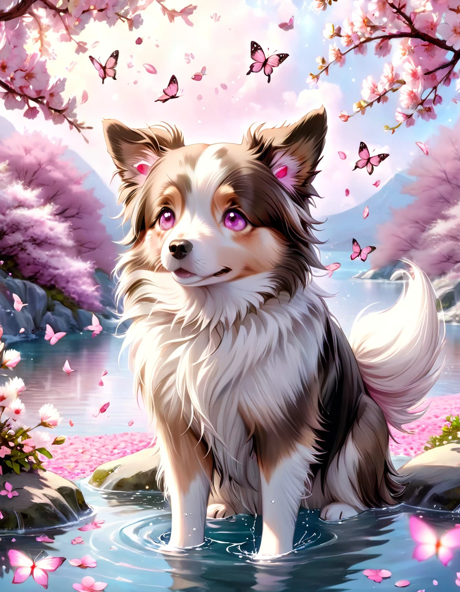 absurdres, highres, ultra detailed, HDR, master piece, best quality, extremely detailed, dog, border collie doble merle, white fur, light brown around the eyes, light brown ears, brown eyes, solo, cute, small, fantasy, magical, magic, pink butterflies, pink petals, pink flowers, water, blossoms