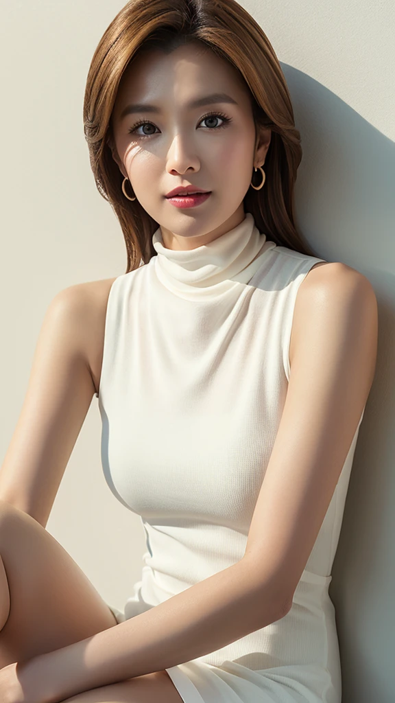 (Detailed face),（between legs）,Normal chest,cute,A silky white sleeveless turtleneck dress,4K,Ultra-high resolution,（Photorealistic：1.7）,White Room,
