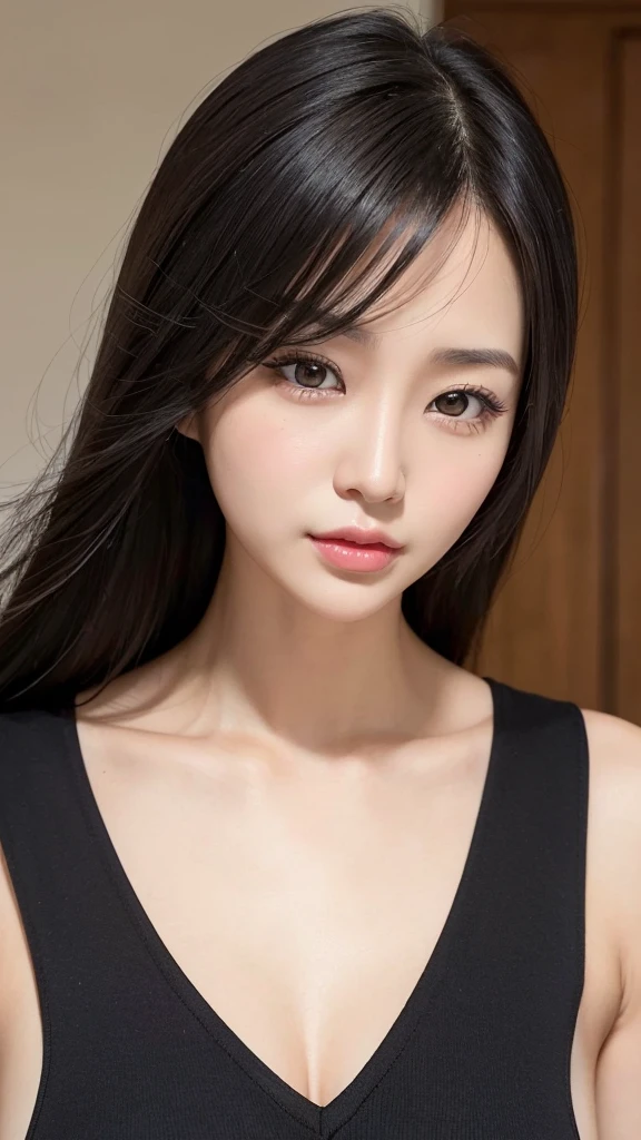 
“Create high quality and realistic females.。She is an Asian woman in her early 30s.、The skin is light in color。Her straight, shoulder-length black hair、It is elegantly styled up.。Her face is calm、She&#39;s wearing light pink lipstick。She is wearing an elegant style red silk dress.、One-shoulder design exposes the back。Behind her is a luxurious indoor party venue.、The bright lights are shining on her