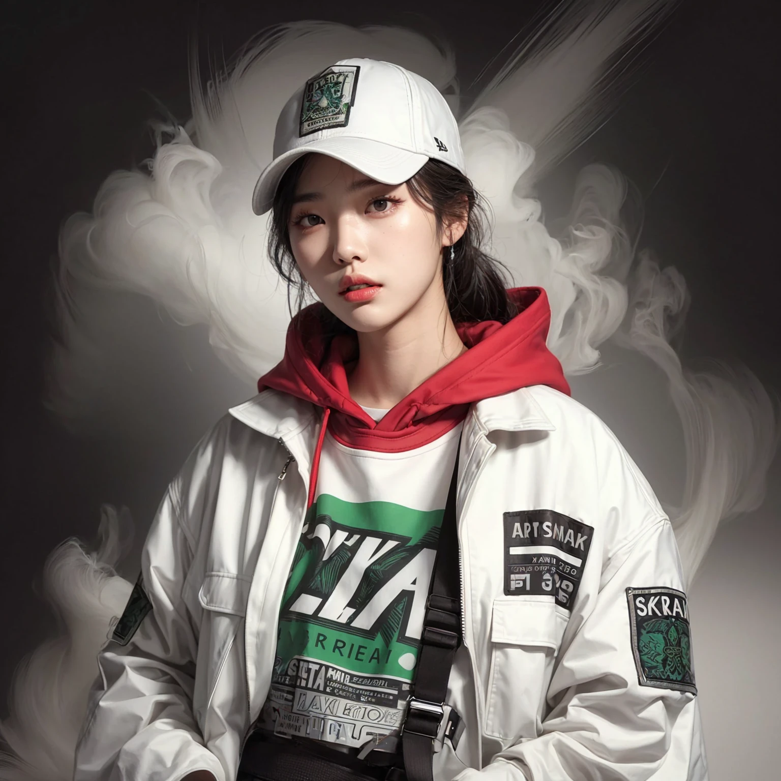 a korean young woman, wearing a baseball cap, a white jacket with a red collar, and a white T-shirt with black and green text. The background features a bold grey with smoke. The expression is neutral, and the overall style is detailed and vibrant, realistic. half body photo