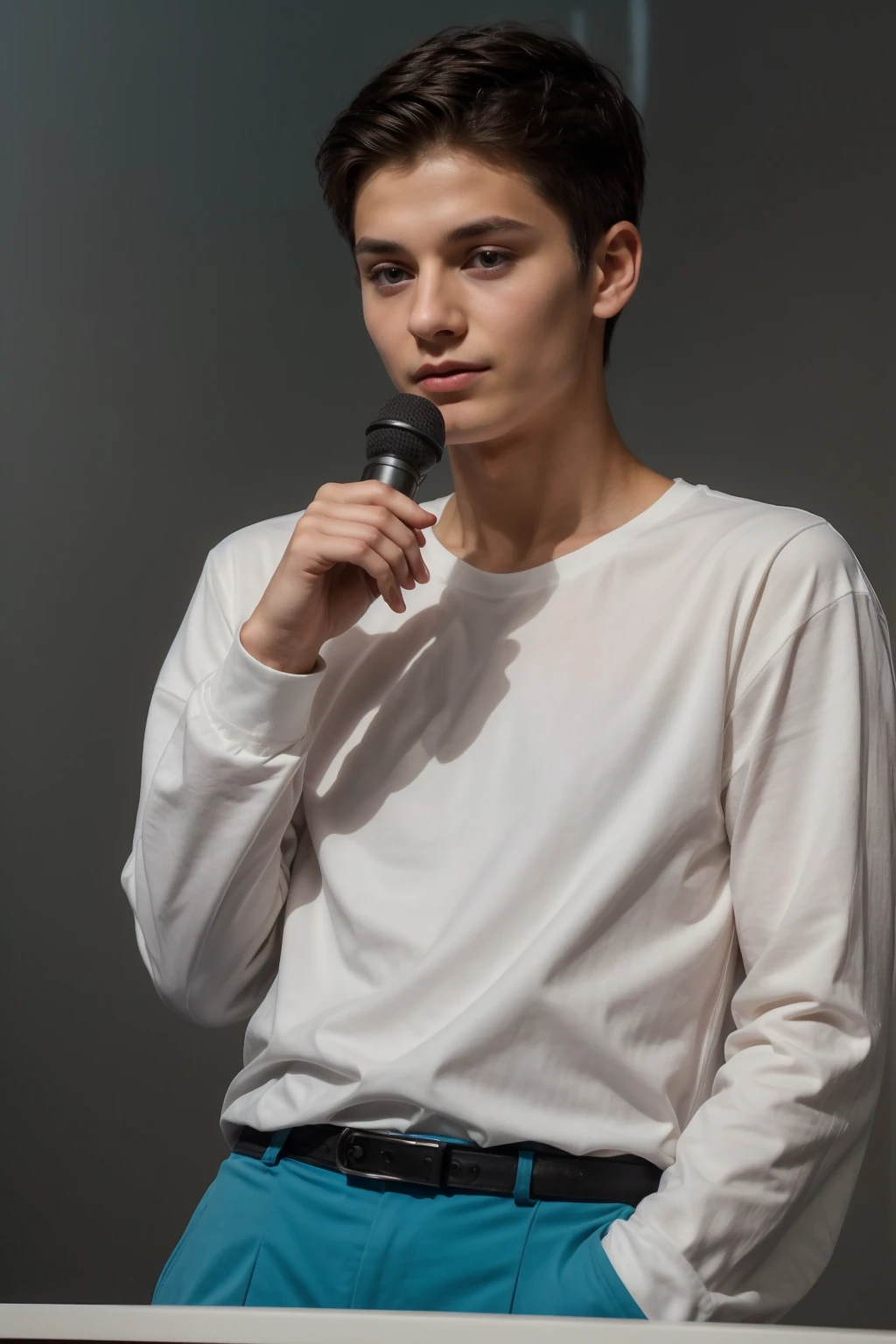 A beautiful young male twink with black hair and a face with makeup. He is wearing a long-sleeved white shirt with a tight fit and aqua blue pants. He is in a speech, speaking from the podium, and behind him is a huge blackboard with the phrase “The Greatest Mind of All” written on it, and he looks on proudly.