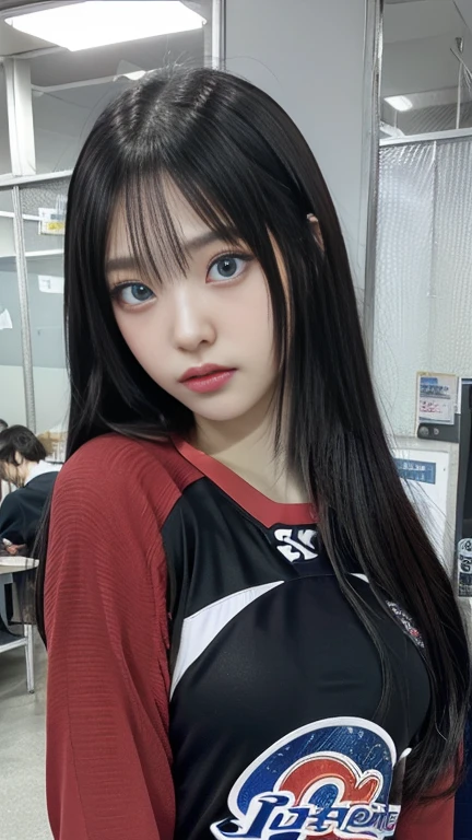 a close up of a person wearing a hockey jersey with deep blue eyes, anime girl in real life, anime inspired, chica anime cosplay, 1 7 year old anime gothic girl, anime vibes, animated styled, Realist anime 3 d style, hyper Realist anime, cosplay anime, animated style, Realist anime, animated style only, awesome anime face portrait, Sakimichan