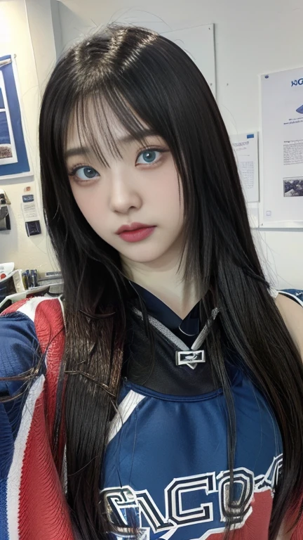 a close up of a person wearing a hockey jersey with deep blue eyes, anime girl in real life, anime inspired, chica anime cosplay, 1 7 year old anime gothic girl, anime vibes, animated styled, Realist anime 3 d style, hyper Realist anime, cosplay anime, animated style, Realist anime, animated style only, awesome anime face portrait, Sakimichan