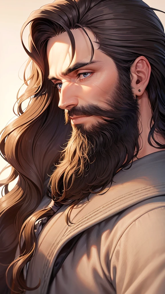 a man in the front angle, He has long, wavy hair and a strand of hair behind his left ear and another strand of hair behind his right ear., He has beard, he is in the frontal position looking from the side