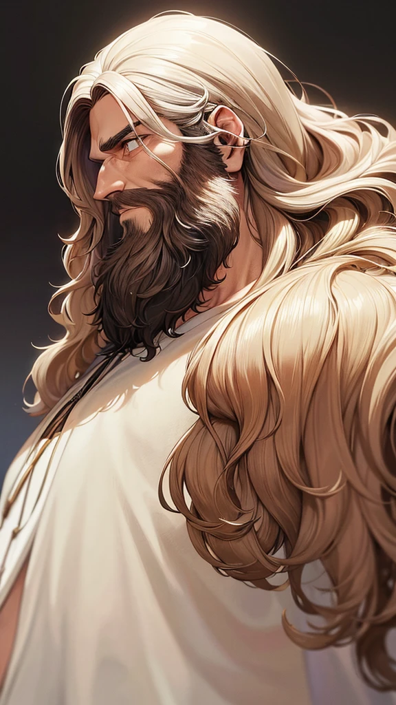 a man in the front angle, He has long, wavy hair and a strand of hair behind his left ear and another strand of hair behind his right ear., He has beard, he is in the frontal position looking from the side