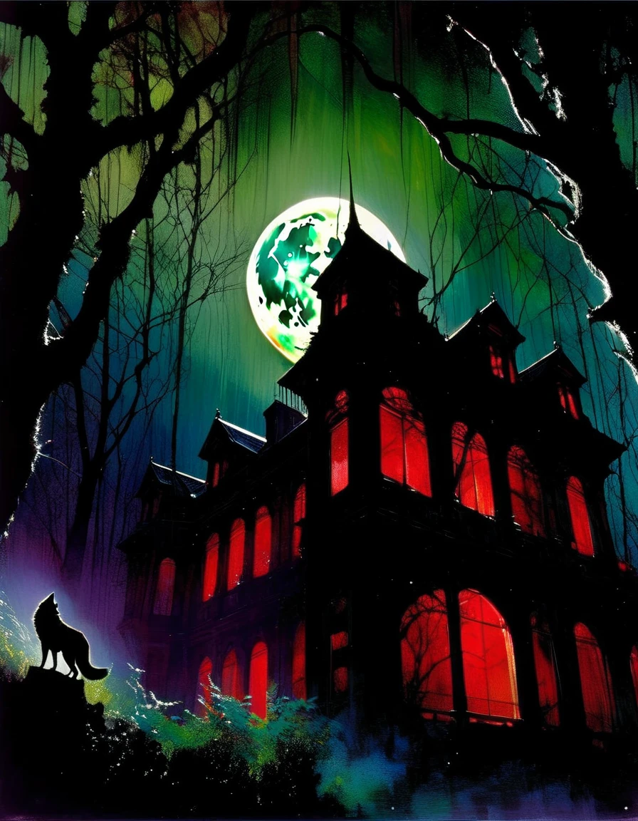 a decaying abandoned mansion in a lush overgrown forest, full moon glowing red in a dark night sky, shadowy wolf silhouettes prowling through the scene, twinkling stars, (best quality, 4k, 8k, highres, masterpiece:1.2), ultra-detailed,(realistic, photorealistic, photo-realistic:1.37), oil painting, intricate brushstrokes, dramatic lighting, dark moody atmosphere, chiaroscuro, Bill Sienkiewicz inspired art
