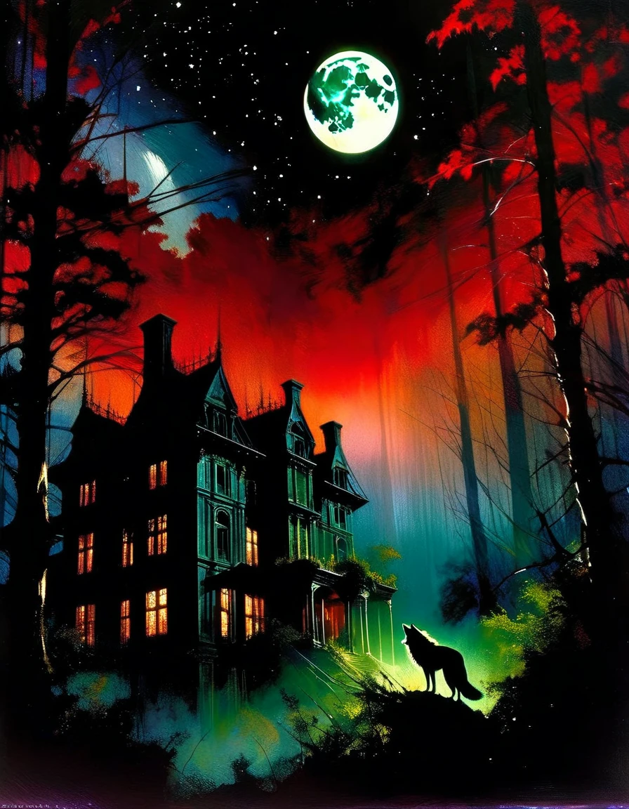 a decaying abandoned mansion in a lush overgrown forest, full moon glowing red in a dark night sky, shadowy wolf silhouettes prowling through the scene, twinkling stars, (best quality, 4k, 8k, highres, masterpiece:1.2), ultra-detailed,(realistic, photorealistic, photo-realistic:1.37), oil painting, intricate brushstrokes, dramatic lighting, dark moody atmosphere, chiaroscuro, Bill Sienkiewicz inspired art