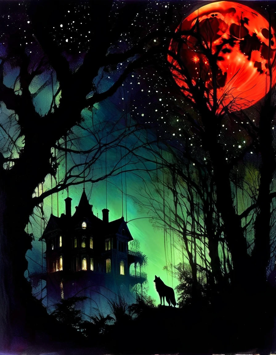 a decaying abandoned mansion in a lush overgrown forest, full moon glowing red in a dark night sky, shadowy wolf silhouettes prowling through the scene, twinkling stars, (best quality, 4k, 8k, highres, masterpiece:1.2), ultra-detailed,(realistic, photorealistic, photo-realistic:1.37), oil painting, intricate brushstrokes, dramatic lighting, dark moody atmosphere, chiaroscuro, Bill Sienkiewicz inspired art