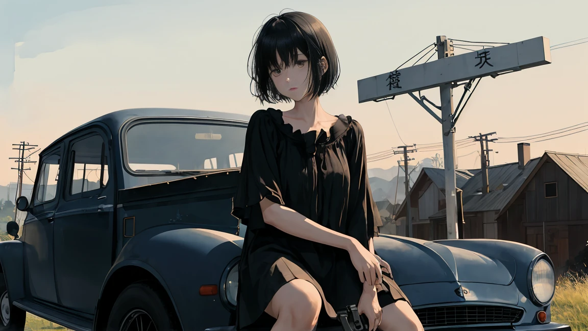 girl、My face is hazy、blouse、Holding a gun、Curved road sign、Black Hair、short hair、Look down、Sit on top of the car、sitting cross-legged、Watercolor、Looking into the distance、Stylish illustrations、One person