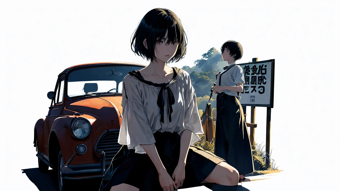 girl、My face is hazy、blouse、Holding a gun、Curved road sign、Black Hair、short hair、Look down、Sit on top of the car、sitting cross-legged、Watercolor、Looking into the distance、Stylish illustrations、One person