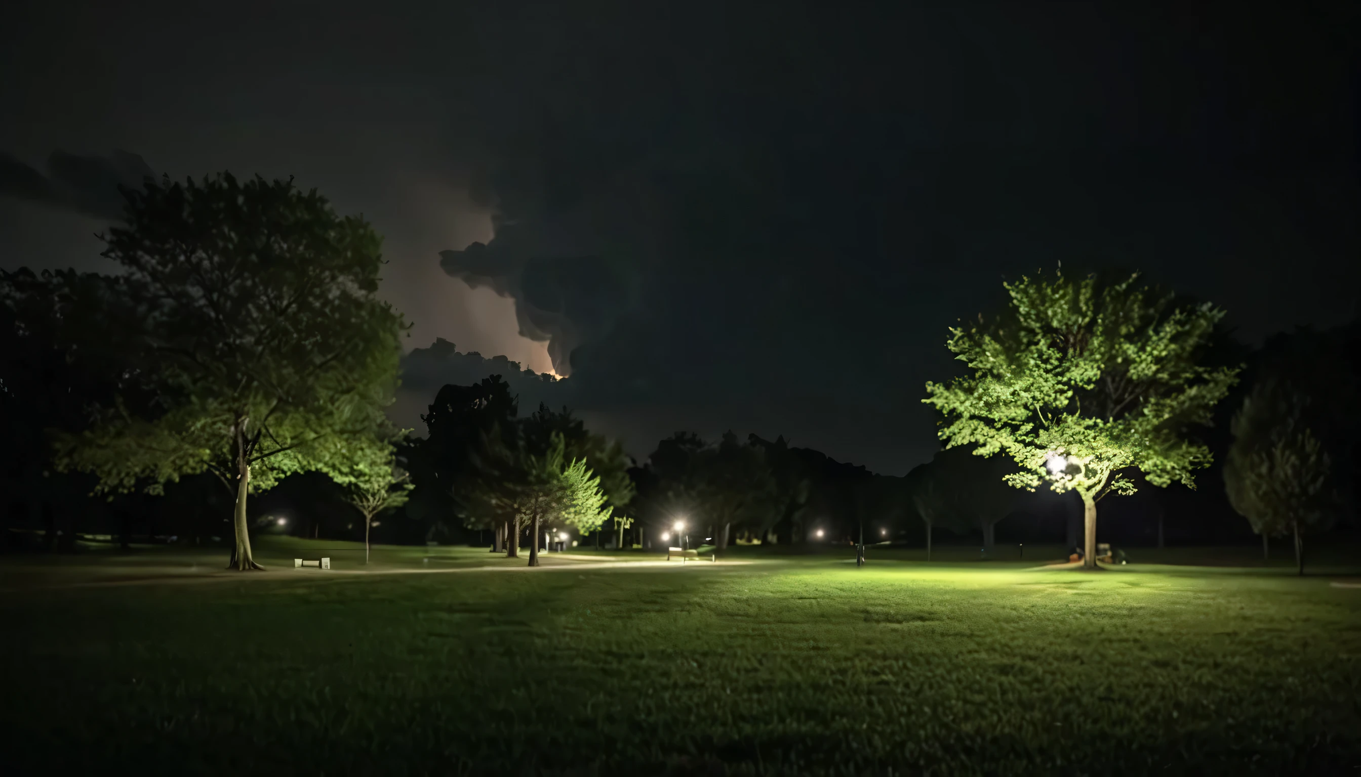 Night view of a park with several trees and lights, Distant Lightning, Moody night scene, Stormy weather at night, Nighttime foreground, ominous lighting, shot with a canon 20mm lens, Night storm, Moody night lighting, Spooky lighting, Distant storm, foreboding and Spooky lighting, Ominous Night Storm, overcast lighting