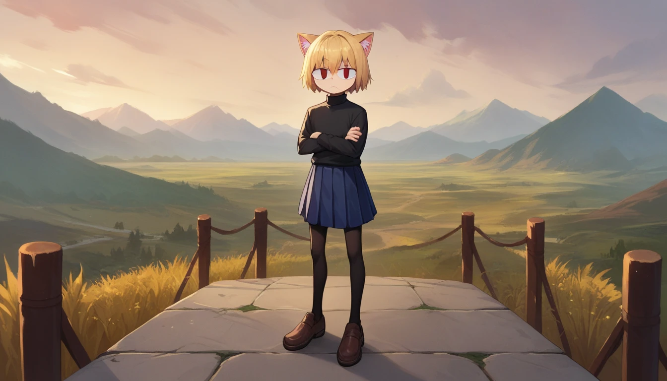 score_9, score_8_up, score_7_up, score_6_up, score_5_up, score_4_up, BREAK, 1boy, solo, necoarc, lit pupils, cat ears, blonde hair, red eyes, :3, turtleneck, blue skirt, pleated skirt, pantyhose, brown footwear, highlight thighs, landscape, outdoor, crossed arms