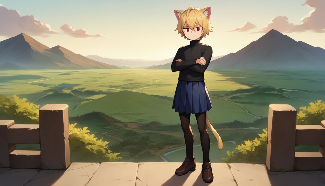 score_9, score_8_up, score_7_up, score_6_up, score_5_up, score_4_up, BREAK, 1boy, solo, necoarc, lit pupils, cat ears, blonde hair, red eyes, :3, turtleneck, blue skirt, pleated skirt, pantyhose, brown footwear, highlight thighs, landscape, outdoor, crossed arms