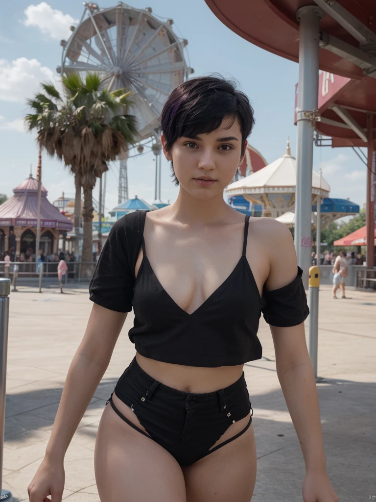 8k, RAW photo, best quality, ultra high resolution, photorealistic, 18 year old slim girl with black purple short undercut haircut, amusement park