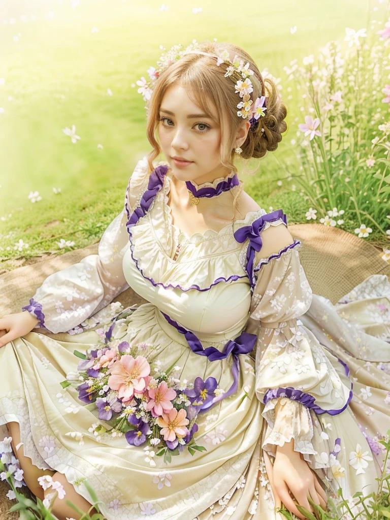 There is a woman with large breasts in a low-cut dress sitting in a flower field with flowers on her dress., violet garden, in dress, Beautiful lady, Beautiful lady de fantasía, Sakimichan frank franzzeta, Sakimichan, 🌺 CGSOCIETY, magical ta girl portrait, palace , a girl in hanfu, lovely languid princess, cute anime waifu with a nice dress