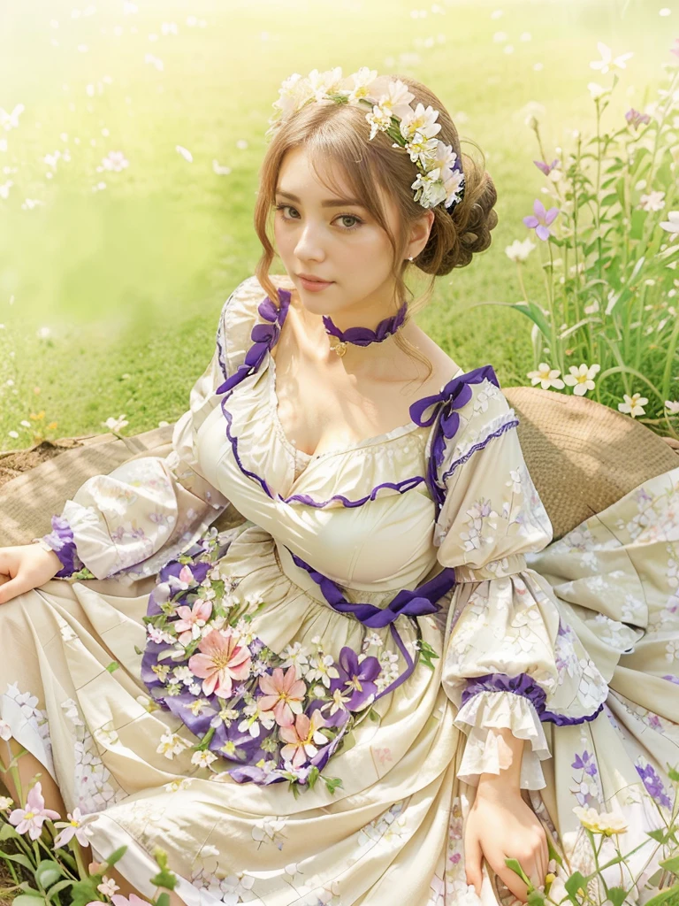 There is a woman with large breasts in a low-cut dress sitting in a flower field with flowers on her dress., violet garden, in dress, Beautiful lady, Beautiful lady de fantasía, Sakimichan frank franzzeta, Sakimichan, 🌺 CGSOCIETY, magical lolita girl portrait, palace , a girl in hanfu, lovely languid princess, cute anime waifu with a nice dress