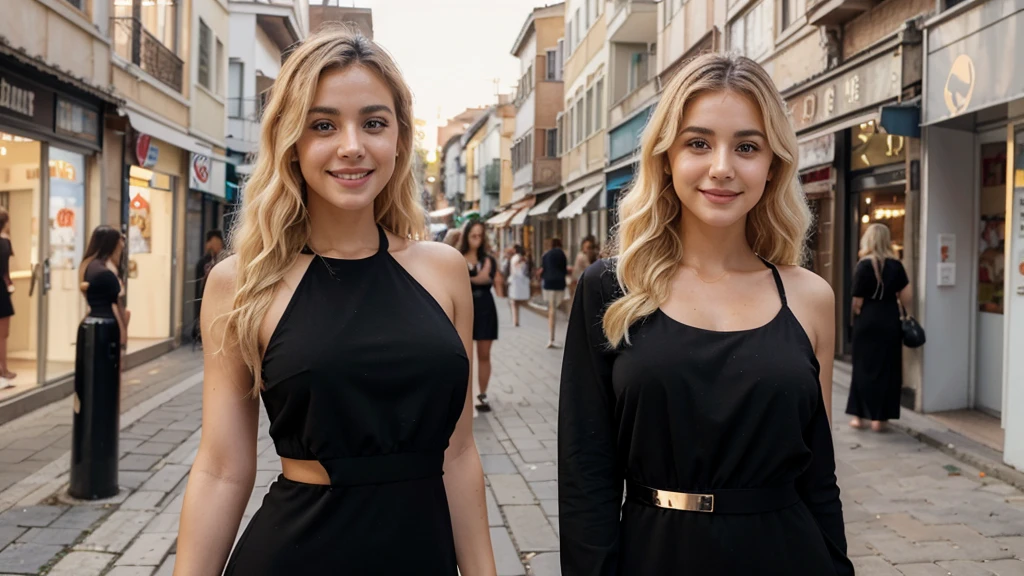 Turkish girl, age 30. beautiful face, black eyes, high nose, smiling mouth. White skin, blonde curled hair. tall figure, wearing a black two-piece dress. posing on the street. Photo realistic, clear details. warm color combination, lively. background is blurred.